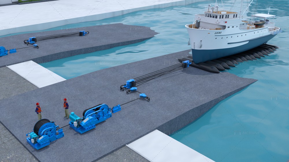 slipway winch pulling boat ashore using airbags